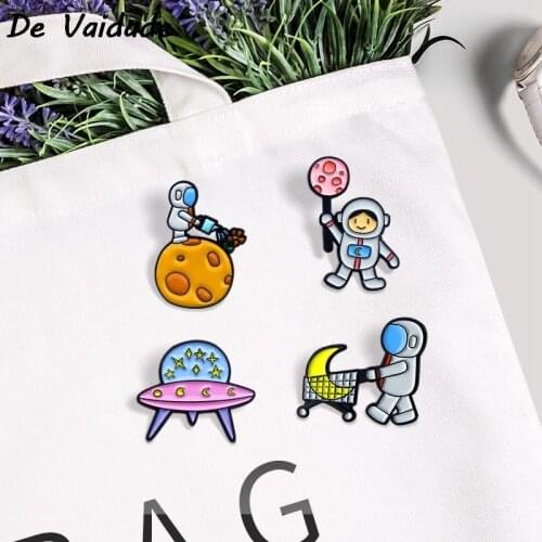 Astronaut Baby Enamel Pin Travel in Space Brooches Bag Lapel Pin Badges Planet Moon Star Meteor Jewelry Gift for Kids