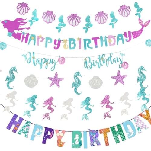 WEIGAO Mermaid Paper Banner Girl First Birthday Party Decoration Happy Birthday Garland Baby Shower Little Mermaid Party Decor