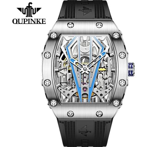 OUPINKE Mens Watches Luxury Brand Automatic Mechanical Wristwatch Fashion Skeleton Silicone Strap Sports Waterproof Watch Men