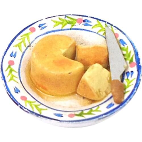 Kids 1:12 Dollhouse Miniatures Food Cheese Cake on Porcelain Plate Table Decor Classic Pretend Play Kitchen Toys Gifts Presents