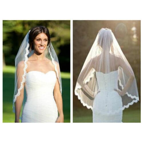 Romantic New Design White Ivory Bridal Wedding Veil 1 Tier Elbow Length Lace Trim with Comb Handmade