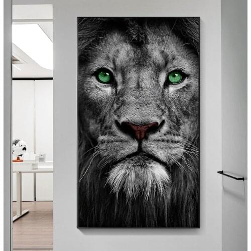 Black White Lions Green Eyes Canvas Oil Painting Modern Animals Posters and Prints Wall Art Picture for Living Room Home Decor