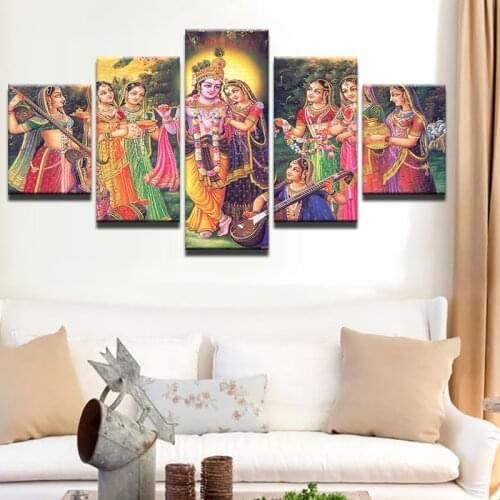 Artwork Canvas Painting 5 Pieces Print Poster India Myth Lord Krishna Vishnu Wall Art for Home Decorations Wall Decor