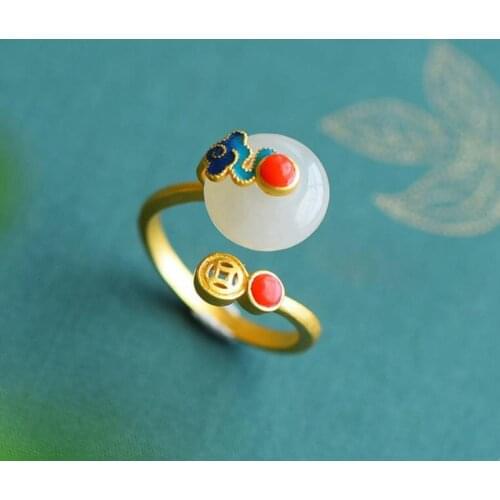 Natural Hetian Jade Peace Buckle White Jade Ring S925 Sterling Silver Cloisonne Xiangyun Open Ring Vintage Ornament for Women