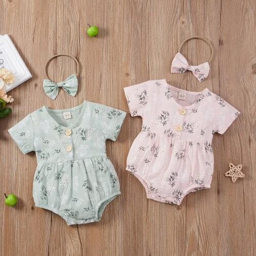 2Pcs Fashion Summer Newbaby Girls Outfit Bodysuit Cotton Casual Toddlers Floral Printing Short Sleeve Button Romper+Bow Headwear