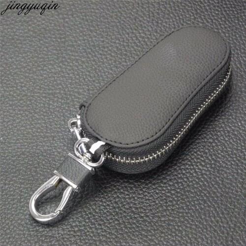 Jingyuqin Leather Car Key Wallet Men Key Holder Housekeeper Keys Organizer Women Keychain Covers Zipper Key Case Bag Pouch Purse