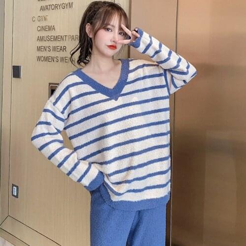 Fashion Striped Pijama Feminino New Velvet Thicken Winter Pajamas Women V Neck Elegant Warm Sleepwear Set Suit Female Pyjamas