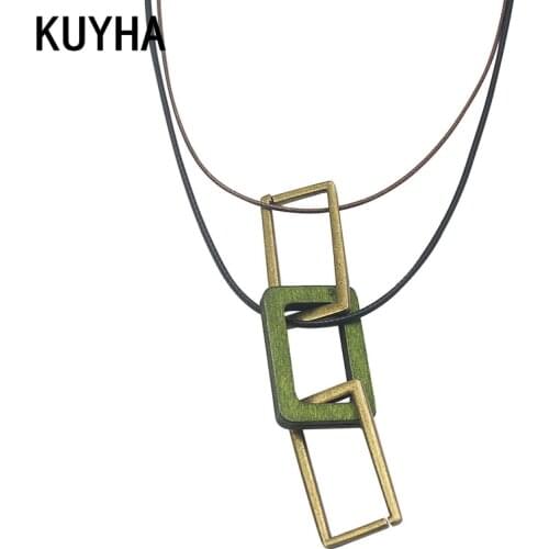 Fashion Women Long Chain Necklace Vintage 72cm Rope Leather Wood Pendant Necklace Jewelry Gift