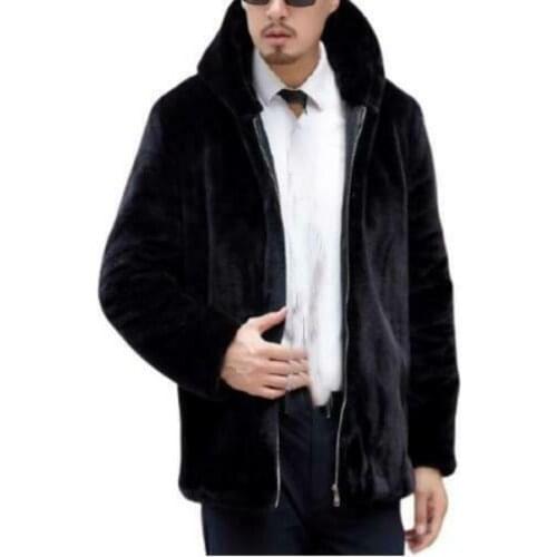 Mens Winter Faux Mink Fur Hooded Parka Furry Jackets Outwear Lapel Zip Formal Over Size New 2021