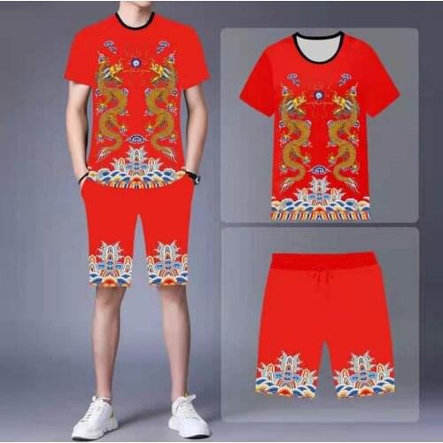 Chinese style dragon print mens short-sleeved casual suit couple street casual wear summer short-sleeved shorts 2-piece set