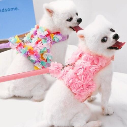Pet Leash For Small Dogs And Cats Breathable Dog Harness Lace Flowers Pet Clothes Vest Cat Leads Pink