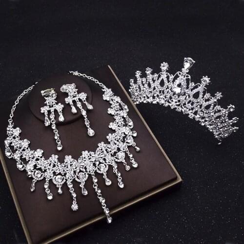 Luxury Tassels Rhinestone Bridal Jewelry Sets Silver Color Crystal Crown Tiaras Choker Necklace Earrings Set Wedding Accessories
