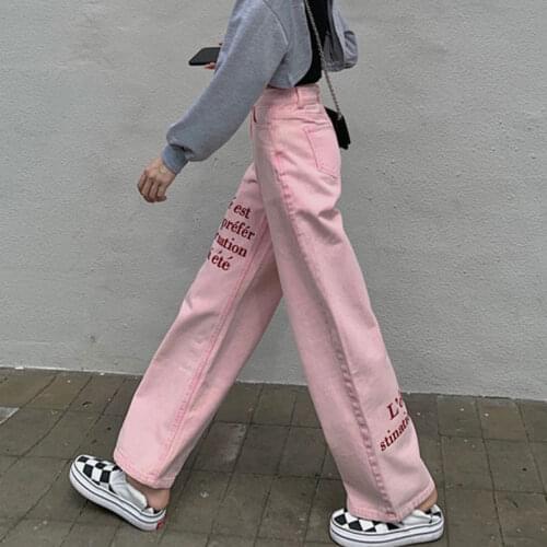 Pink Jeans Women Letter Embroidery Women Denim Plus Size High Waist Loose Straight Casual Trousers Streetwear Baggy Jeans Women