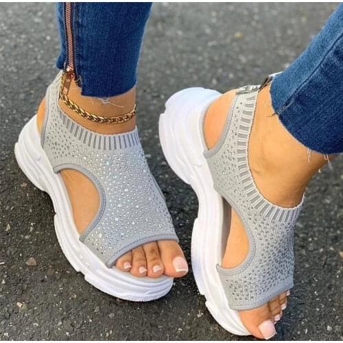 Womens Sandals Woman Sneakers Stretch Fabric Slip On Peep Toe Wedges Footwear Summer Platform Sandals Ladies Shoes Casual 2021