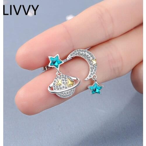 LIVVY Silver Color Prevent Allergy Blue Star Moon Asymmetry Earrings for Women Light Luxury Trendy Elegance Party Accessories