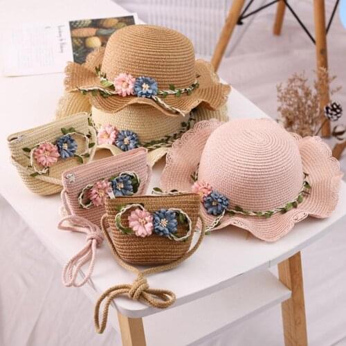 Summer Beach Hat Wide Brim Floppy Straw Lace Bowknot Flower Sun Hat Female Baby Girls Straw Beach Shade Caps Hat Sun Protection