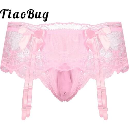 Sexy Lingerie Panties Mens Low Rise Ruffle Lace Sissy Panties Exotic Bulge Pouch T-back Briefs with Two Small Bowknot Nightwear