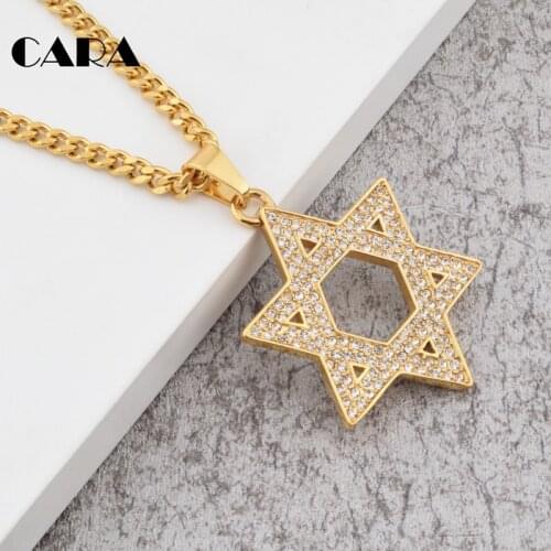 2019 Crystal Jewelry Cuban Chains Men Women Bling Gold-color Judaism Jewish Six Jew Stars Necklaces Solomons Seal CAGF0049