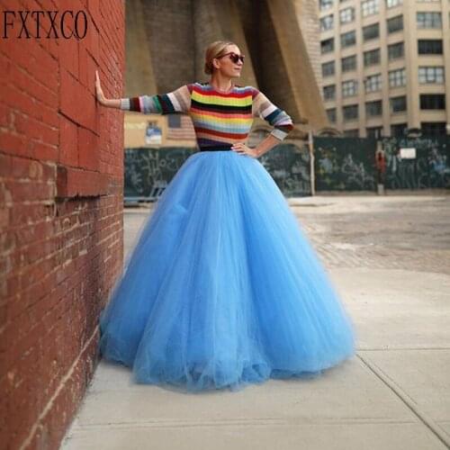 Fahion High Street Baby Blue Ball Gown Skirt Custom Made Tiered Long Tulle Women Skirts 2020 mujer faldas