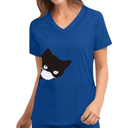 40# Womens Cat Print T-shirts Top Cute Short Sleeve V-neck Top Nurse Work Uniform Solid Pocket T-shirts Tops Casual T-shirt Топ