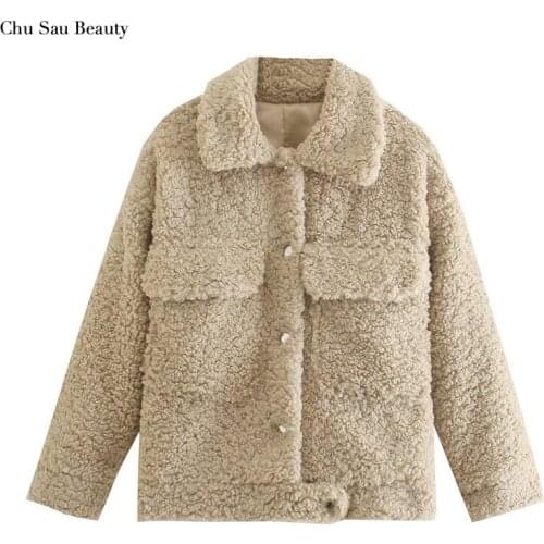 Chu Sau Beauty Womens Autumn And Winter Curly Faux Sheepskin Jacket Warm Coat, Lapel Long Sleeve Single-Breasted Loose Coat
