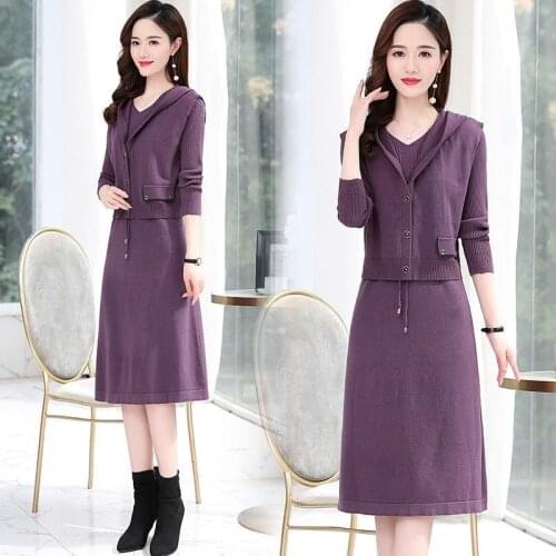 Women Knitted Suit Spring Soft Cardigan Pullover Sweater Vest + Dress 2 Piece Set Ladies Slim Sexy Dress Sets Purple X102