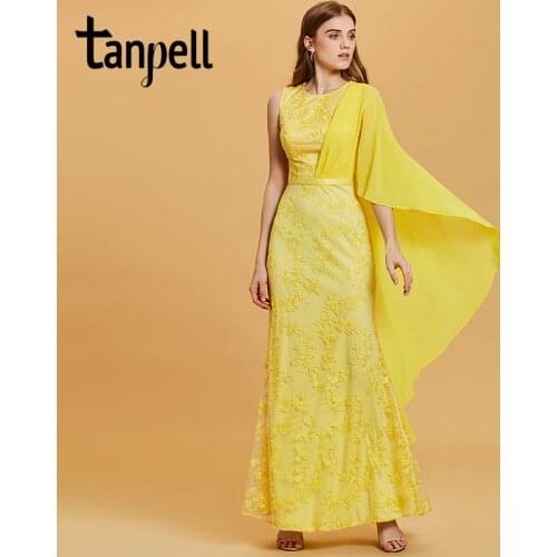 Tanpell lace long evening dress daffodil scoop neck floor length mermaid gown women appliques empire prom formal evening dresses