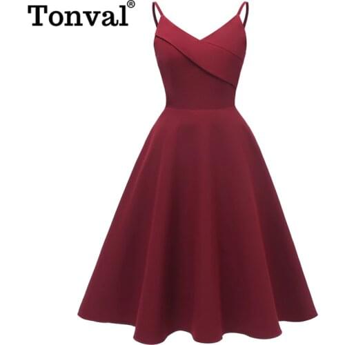 Tonval Vintage Spaghetti Strap Wrap Fit and Flare Solid Swing Dresses Women Party Night Elegant High Waist Cami Dress