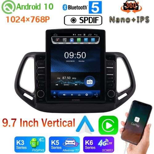 Android auto Nano+IPS 9.7" Vertical Tesla Android 10 Car Media Radio GPS PX6 4+64G For Jeep Compass 2017-2019 4G WiFi 360 Camera