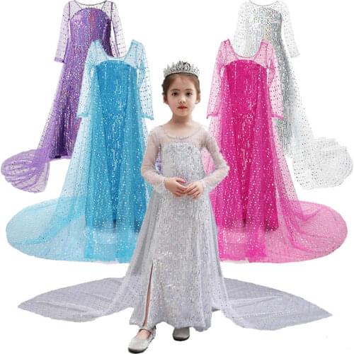 Elsa White Dress For Girl Snow Queen 2 Fancy Trailing Frocks Costumes Kids New Movie Role Playing Sequined Clothes