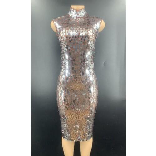 Shining Silver Sequins Perspective Dress Women Sleeveless Birthday Party Prom Dress Nightclub Singer Bodycon Dress Stage Clothes