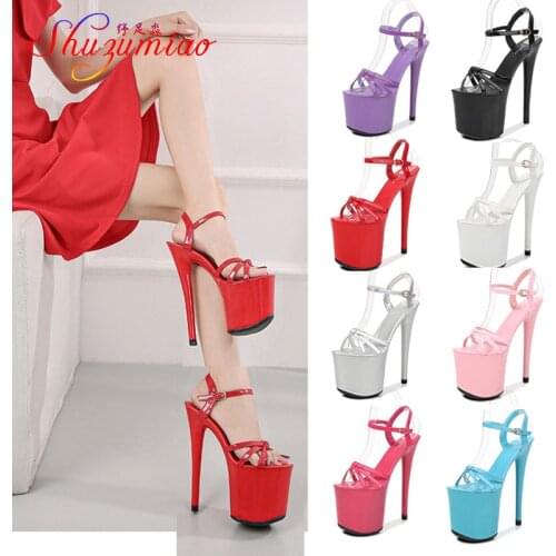 High Heel 20CM Female Wedding Shoes Buckle Strap Patent Leather Platforms Blue Black Red Nightclub Sandals Summer Models Shoes