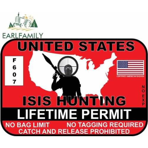 EARLFAMILY 13cm x 8.6cm Car Sticker Red United States ISIS Hunting Permit Sticker Decal MARINES ARMY NAVY Truck Yeti Graphic