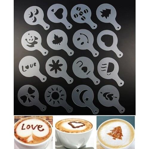16Pcs Latte Mold Coffee Milk Cake Cupcake Stencil Template Coffee Barista Mold Cappuccino Template Strew Pad Duster Spray Tools