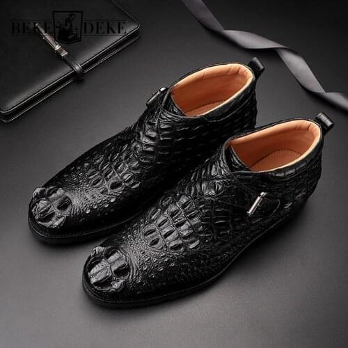 Luxury Alligator Genuine Leather Formal Business Men Ankle Boots Buckle Round Toe Thick Bottom Solid Party Wear Male Dress Shoes