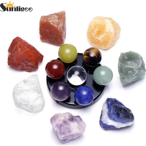 Sunligoo 7 Chakra Star Group Natural Healing Crystals Gemstone Sphere Balls&7pcs Rough Raw Chakra Stones Energy Stones Decor
