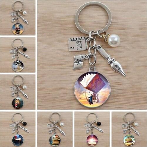 New Valentines Day gift cute book keychain landscape book art photo jewelry glass keychain gift for teachers and book fans