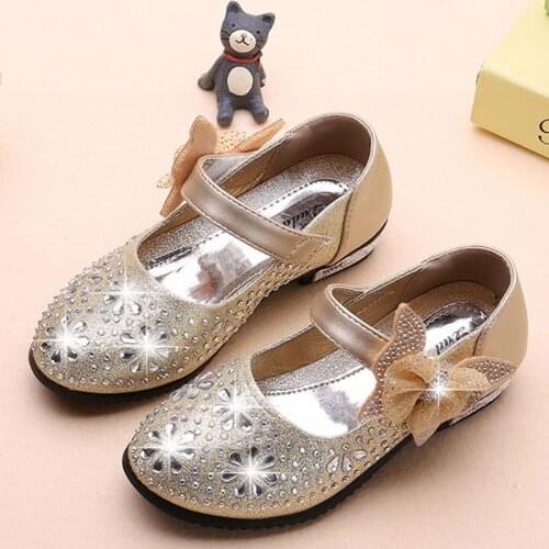 Girls Shoes Princess Wedding Party Fashion Girl Leather Shoes Rhinestone Glitter Bowtie Children Low Heel Shoes Princess Shoes