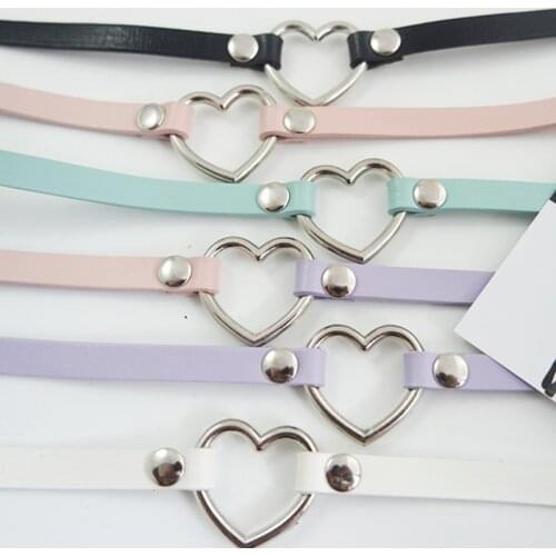 100% Handcrafted Girl Punk Rock Amo Gothic Real Leather Heart Choker Collar Necklace