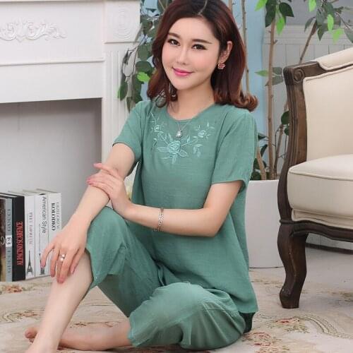 Middle-aged and elderly pajamas Set Sleepwear Women Short Sleeve Embroider Pyjamas Suit Casual Loose Nightwear Home Wear Plus