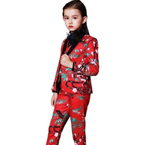 Girls Luxurious Wedding Suit Kids Noble Flower Jacket Vest Pants 3Pcs Party Dress Children Piano Stage Show Performance Costume