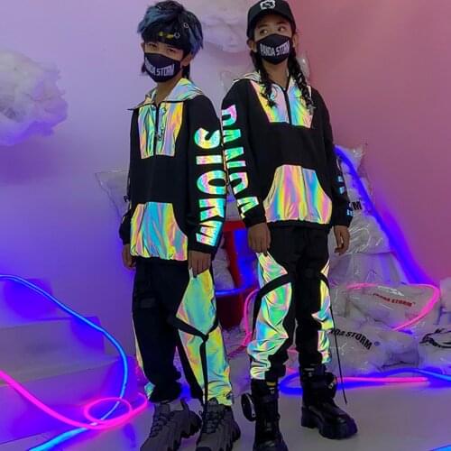 Reflective Hip Hop Performance Clothing For Children Dance Costume Girls Long Sleeve Hoodies Boys Pants Stage Rave Wear BL5021