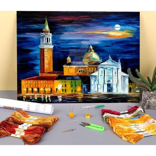 Moon Above Venice Printed Fabric 11CT Cross-Stitch DIY Embroidery Complete Kit DMC Threads Needlework Knitting Mulina
