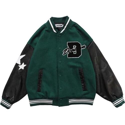 Hip Hop Baseball Jackets Men Furry Stars Letters Embroidery Patchwork Color Block College Jacket Streetwear Varsity Coats Unisex