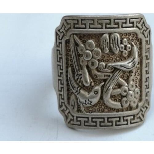 YIZHU CULTUER ART Collection Old Chinese Tibet Silver Carving Magpie Plum Blossom Ring Decoration