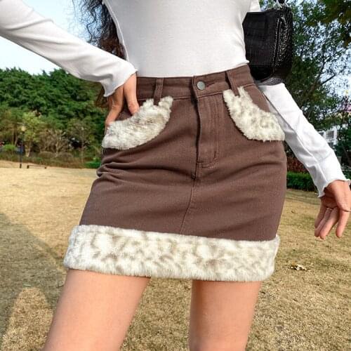 Lugentolo Mini Jean Skirt Women Leopard Stitching Y2k Skirt Fall Fashion High Waist Pockets Streetwear Sexy Skirts for Women