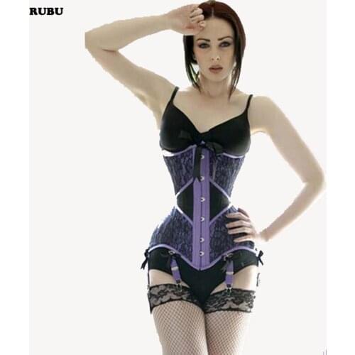 Woman gothic lace satin corset bustier steel boned waist slimming underbust corselet sexy corset