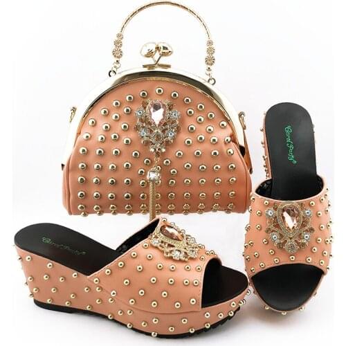 2020 Fashion Latest Women Italian African Party Pump Shoes and Bag Italian design Shoes with Matching Bags Sets in Khaki Color