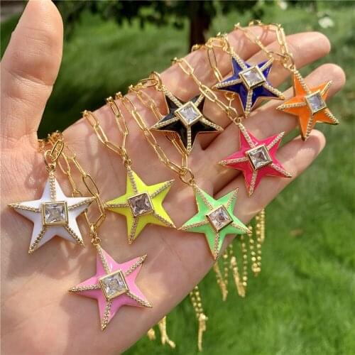 5Pcs Sparkly Crystal Star Necklace Charm Necklace Fashion Jewelry, Colorful Star Necklace, Enamel CZ Pave Brass Pendant Necklace