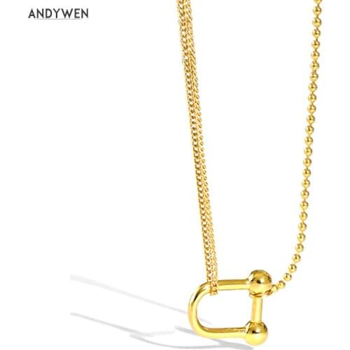 ANDYWEN New 100% 925 Sterling Silver Horse Shoes Musics Pendant Luxury Fashion Jewelry 2020 Rock Punk Jewels Simple Neck Chains